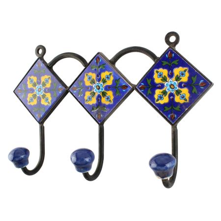 Navy Blue And Yellow Ceramic Floral Tiles Hook 